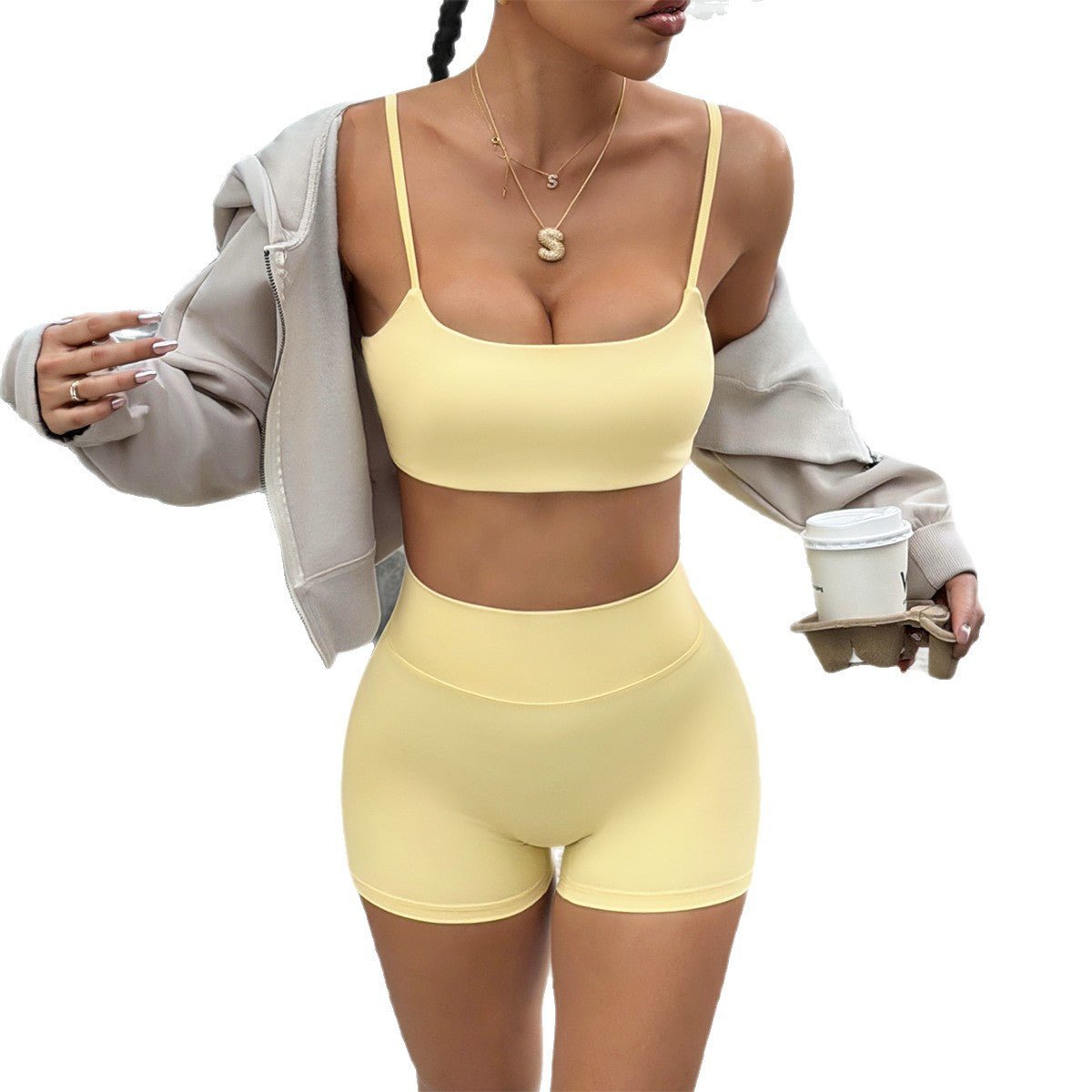 Athletic-style Strapless Tube Top And Matching Shorts Set Womens Midriff-baring Workout Top And High-waisted Fitness Bottoms - RJ Athletics